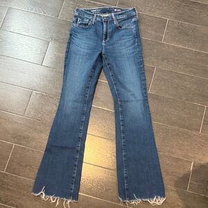 AG Adriano Goldschmied Farrah Boot High Rise Fit distressed Blue Flare Jeans.